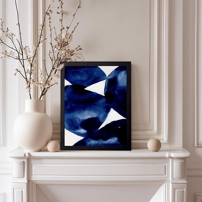 Monem Art Indigo Abstract Watercolor Painting Print - Minimalist Modern Art Poster - Wall Decor for Living Room, Bedroom or Office - 12x16 Black Framed Wall Art by Mareike Bohmer