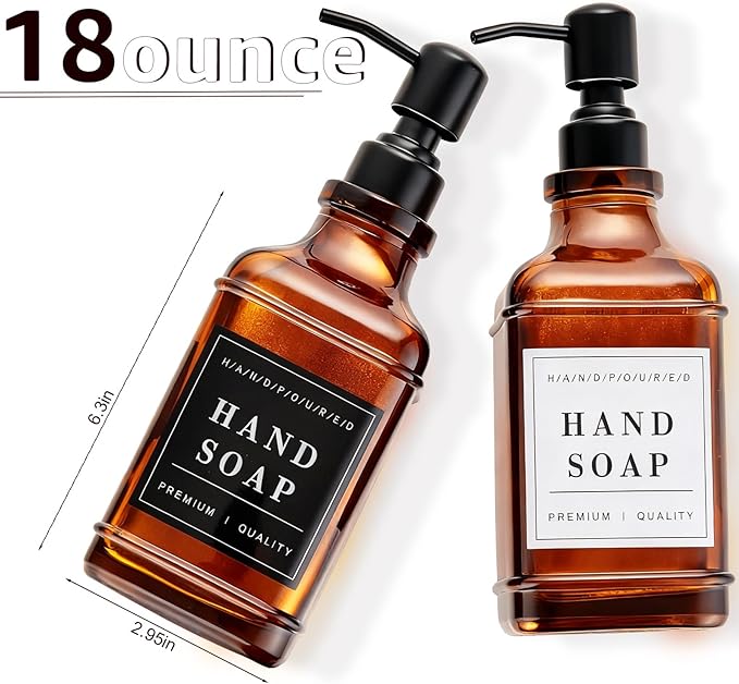Amber Glass Soap Dispenser with Pump,Tray,Funnel, Countertop Soap and Lotion Dispenser Set of 2 with 60 Stickers, Dish and Hand Soap Dispenser Bottle for Kitchen,Bathroom,Shower,500ml/16.9oz