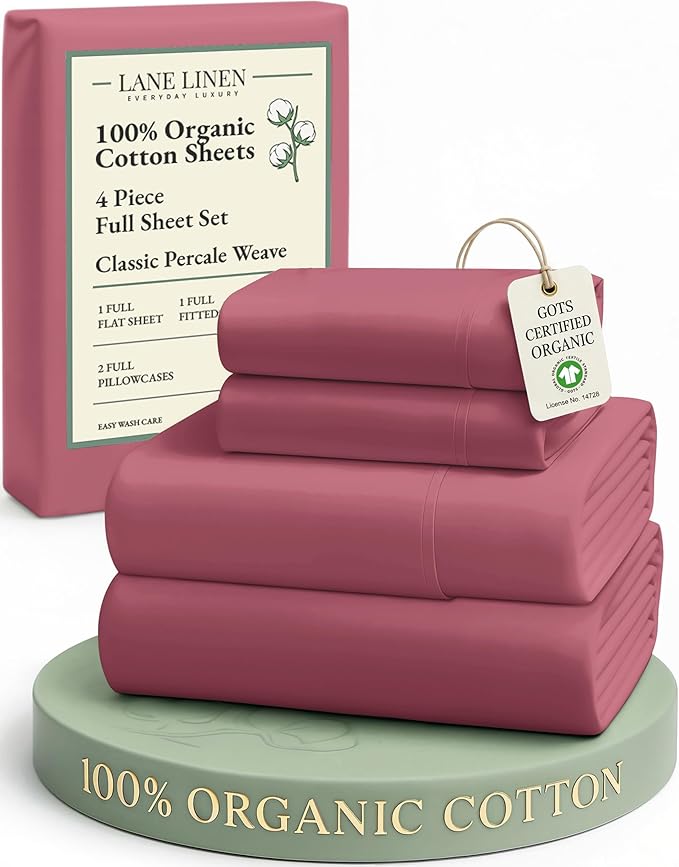 LANE LINEN 100% Organic Cotton Bed Sheets Full Size, Fully Elasticized Sustainably Produced Soft & Comfy, Machine Washable Naturally Cooling Full Sheet Deep Pocket Bedding - Mineral Red