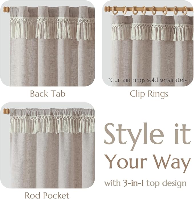 jinchan Linen Curtains for Living Room Bedroom Light Filtering Semi Sheer Curtains Boho Farmhouse French Country Cottage Core Decor Window Drapes Back Tab 96 Inch Length Tassel Taupe