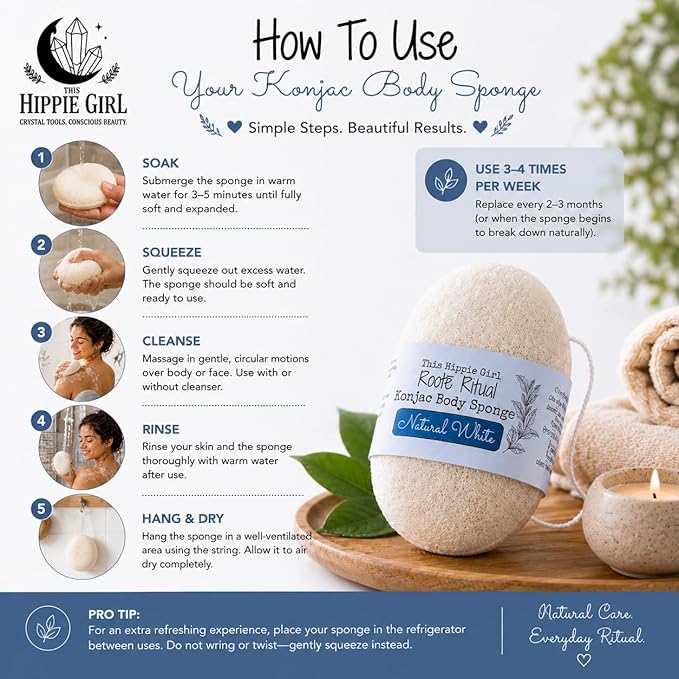 Roote Ritual Konjac Body Sponge – 100% Natural Exfoliating Shower Sponge for Sensitive Skin – Gently Deep Cleanses, Earth-Friendly Loofah, Biodegradable, Vegan – for Women, Men (Natural White)