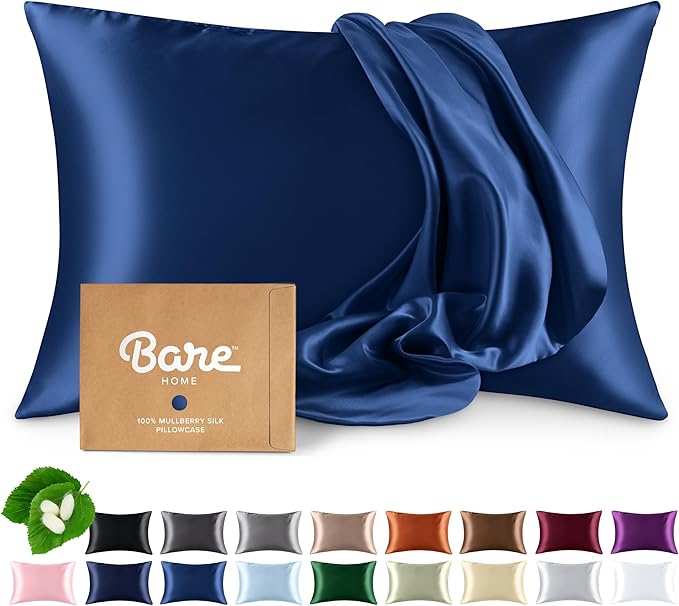 Bare Home 100% Mulberry Silk Pillowcase for Hair and Skin - Ultra Premium 6A Grade 19 Momme Silk Pillow Case - Hidden Zipper - Breathable Cooling Pillow Cover (Standard, Dark Blue)