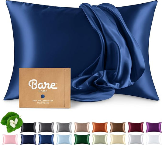 Bare Home 100% Mulberry Silk Pillowcase for Hair and Skin - Ultra Premium 6A Grade 19 Momme Silk Pillow Case - Hidden Zipper - Breathable Cooling Pillow Cover (King, Dark Blue)