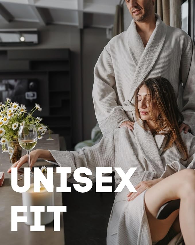 sea me at home Turkish Cotton Waffle Bathrobe, Luxury Spa Hotel Shawl Collar Robe for Women & Men, Plush Terry Inside