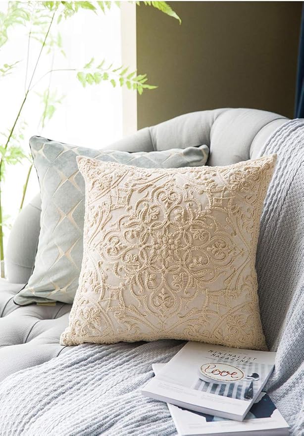 DOKOT Embroidery Throw Pillow Covers Square Cushion Case 100% Cotton with Zipper for Home Decorative 20x20 inches(50x50cm) Beige
