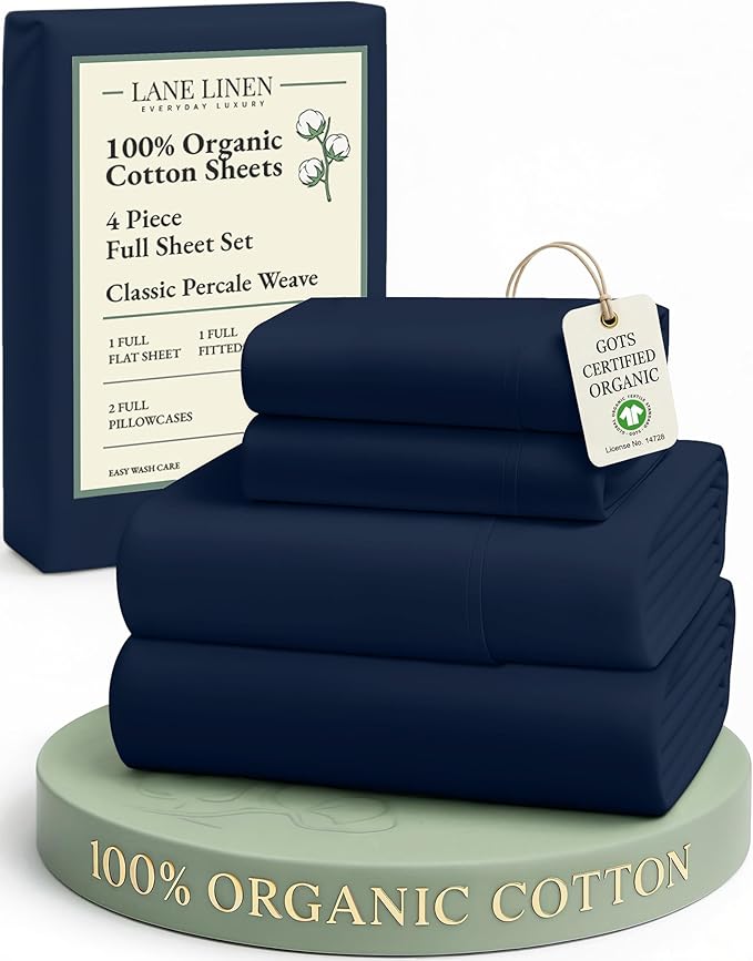 LANE LINEN Eco Friendly 100% Organic Cotton Fully Elasticized Full Sheet Set, Low Pilling Fade Resistant Machine Washable Naturally Cooling Full Bed Sheets, Soft & Comfy Cotton Bedding- Navy