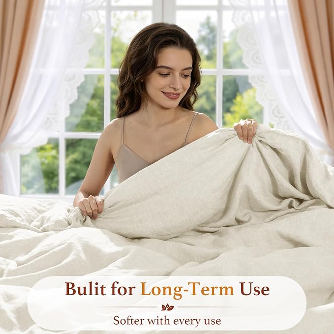 LBRO2M 100% France Linen Duvet Cover Set 3 Pcs Including 1 Flax Comforter Cover with Zipper Closure, 2 Pillowcase, Cozy Duvet Cover California King Size, Beige