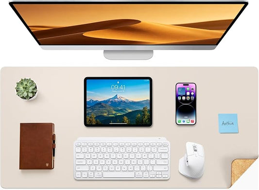 Aothia Dual-Sided Desk Mat, FSC Cork & PU Leather Desk Pad, Large Mouse Pad & Writing Surface for Multi-Device Workspace, Non-Slip Waterproof Desk Protector - 37.8" x 17", Cream