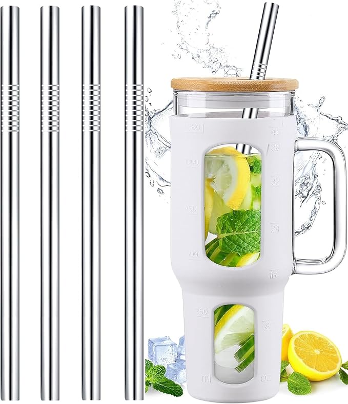 12" Stainless Steel Straws Replacement for Stanley Adventure Quencher 40 oz 30 oz Cup Tumbler, 4 Pack Metal Straws Reusable with Cleaning Brush for Stanley 40 oz & Simple Modern Tumbler with Handle