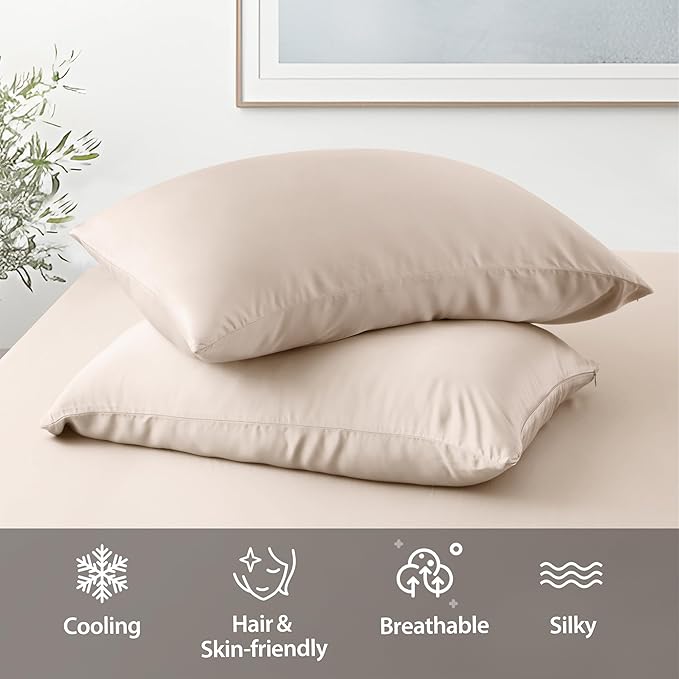 2 Pack Cooling Pillow Cases,Viscose Derived from Bamboo Pillow Protectors King Size Set of 2, 400 Thread Count Soft Silky Breathable Summer Pillow Cover with Zipper Hidden (2PCS, King, Beige)