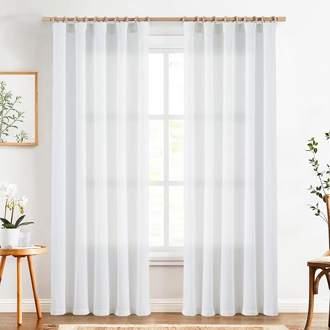 jinchan White Linen Curtains 84 Inchs Length Light Filtering Semi Sheer Curtains for Bedroom 2 Panel Set Farmhouse Drapes for Living Room 7FT Long, Rod Pocket/Back Tab 50W x 84L