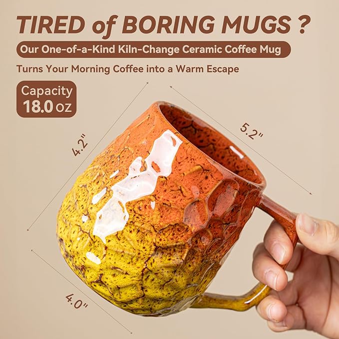 18oz Unique Orange & Yellow Kiln-Change Ceramic Coffee Mug, Handcrafted Hammered Texture Ceramic Mug with Ergonomic Handle, Microwave & Dishwasher Safe, Gift for Coffee Lovers, Home Office Daily Use