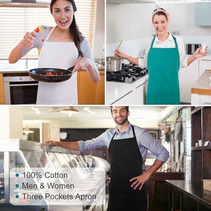 Jubatus 2 Pack 3 Pockets 100% Cotton Adjustable Bib Apron Chef Kitchen Cooking Aprons for Women Men, Red
