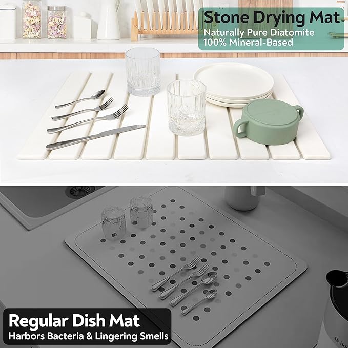 Large Stone Dish Drying Mat for Kitchen Counter ,Fast Drying Non-Slip Collapsible Dish Drying Mat ,Eco-Friendly Super Absorbent Diatomaceous Earth Mats for Dishes Bottles Cups Bathroom,24"(L)×16 (W)