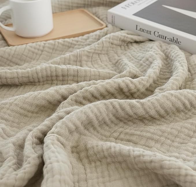 KyraHome 100% Organic Cotton Muslin Blankets for Adults, 60“x80 Pre-Washed Plant Dyed Breathable Gauze Lightweight Summer Throw Blanket for Couch, All Season, Oatmeal Khaki