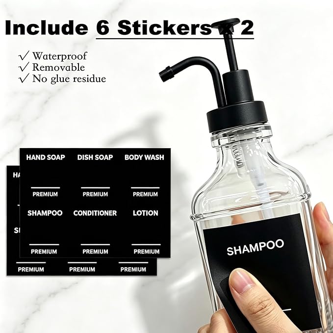 Dish Soap Dispenser for Kitchen, Hand Glass Soap Dispenser Set with Pump, Funnel for Bathroom, Shower, Laundry, Liquid, Lotion (Black 2 Pack 18 Oz Clear Bottles with 12 Stickers)