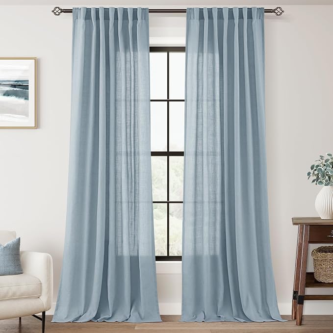 Dusty Blue Linen Curtains for Living Room Back Tab Light Filtering Semi Sheer Bedroom Curtain Linen Cotton Textured Grey Blue Drapery Panel Airy Modern Farmhouse Aesthetic Decor 52x102 Long