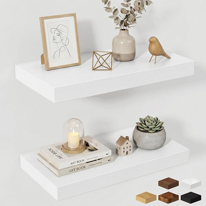 Fun Memories Wood Floating Shelves 20 Inch, 10 Inch Deep Shelves Wall Mount, Wall Shelves with Invisible Bracket, 20" Floating Shelves for Living Room Bathroom Bedroom, White, Set of 2