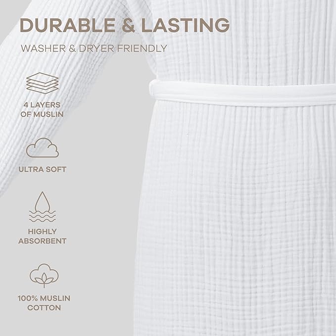 Comfy Cubs 100% Cotton Muslin Bathrobe - 4-Layer Absorbent Robe with Pockets & Belt for Bath, Spa, or Lounging