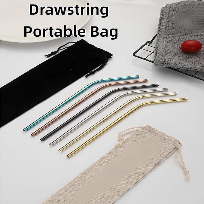 Heavy Duty 304 Stainless Steel Reusable Straw Set, 8 Pack Multi-Color Smoothie Straws with Travel Pouch & Cleaner, Dishwasher Safe Eco- (Silver-black bag,8pc)