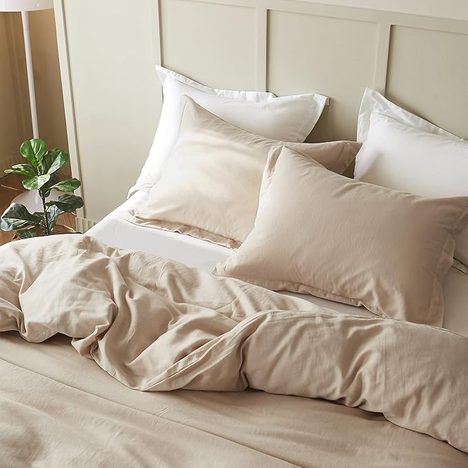 Simple&Opulence French Linen Duvet Cover Set 104"x 92"- 5 Pieces (1 Comforter Cover,4 Pillowcases)-Natural Flax Cotton Blend-Solid Color Breathable Farmhouse Bedding-Linen/Beige, King