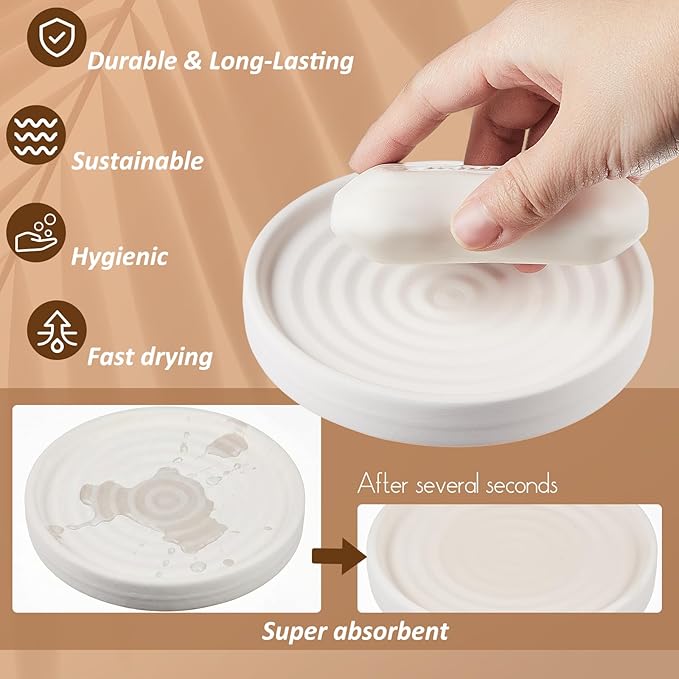 Thenshop 2 Pcs Diatomite Round Soap Dish Stones Holder, Quick Dry Circular Soap Bar Tray Diatomaceous Absorbent Water Bathroom for Hand, Sponge Organizer, Beige White