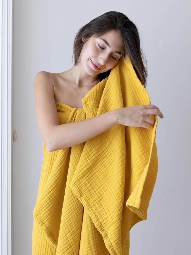Muslin Hand Towels Pack of 4, Luxury 100% Turkish Cotton Thin Soft Quick-Dry Lint-Free Large Size Bath Hand Bathroom Towel Sets (Mustard, Pack of 4 Hand Towels)