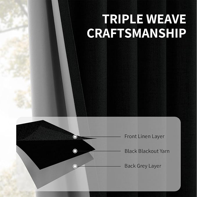 CUCRAF Linen 100% Blackout Curtains 108 Inch Length 2 Panels Set, Back Tab and Rod Pocket Curtain for Living Room Bedroom, Room Darkening Window Drapes Thermal Insulated, (52x108 inch, Black)