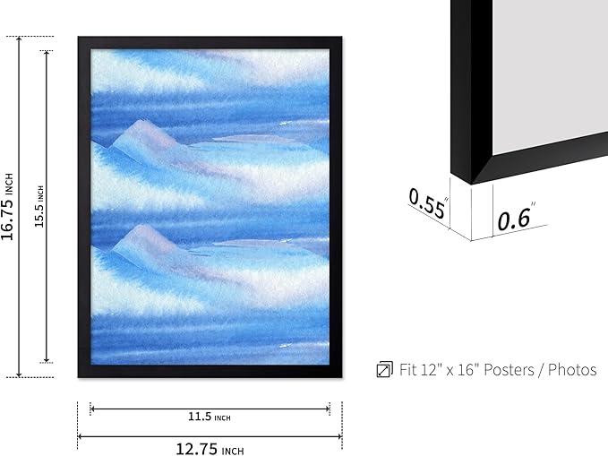 Monem Art Blue Watercolor Abstract Landscape Print - Minimalist Ocean Horizon Art Poster - Wall Decor for Living Room, Bedroom or Office - 12x16 Black Framed Wall Art by Rs Lab Studio