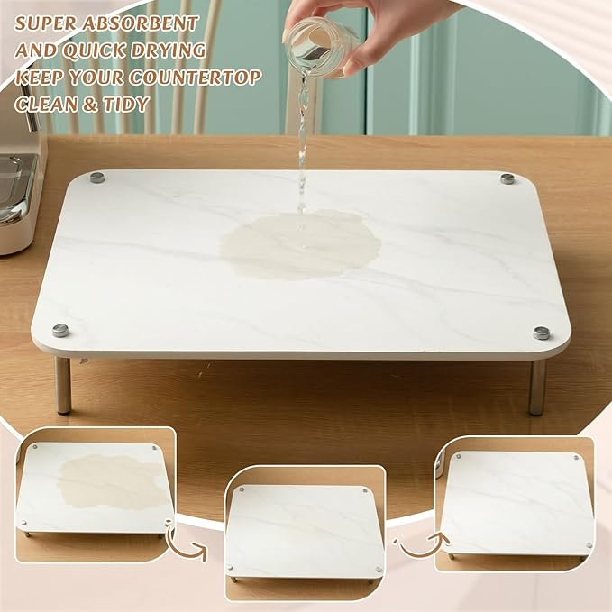 3 Pcs Nesting Stone Drying Mat for Kitchen Counter, Diatomaceous Dish Stone Drying Mats Quick for Kitchen Counter, Non Slip Feet, Heat Resistant, Nesting Stackable Design(Marble,White)