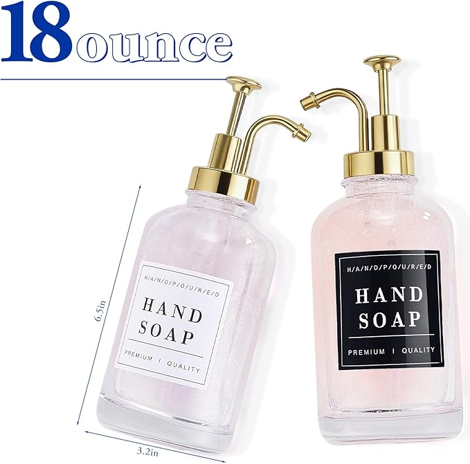 Glass Soap Dispenser with Pump,Tray,Funnel, Countertop Soap and Lotion Dispenser Set of 2 with 60 Stickers, Dish and Hand Soap Dispenser Bottle for Kitchen,Bathroom,Shower,500ml/16.9oz