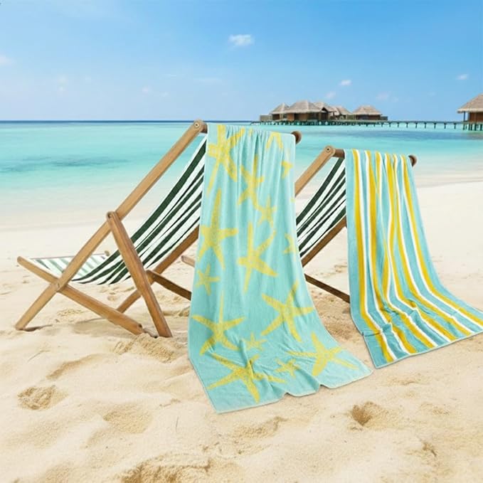 CASA COPENHAGEN Miami Towel 2Pcs Starfish Teal - Teal Stripe Designer Stripe Beach Towels Gift Set, 30"x60" Oversized 100% Cotton Pool Bath Towel for Beach Gift Set (Summer Gift Set for Women & Men)