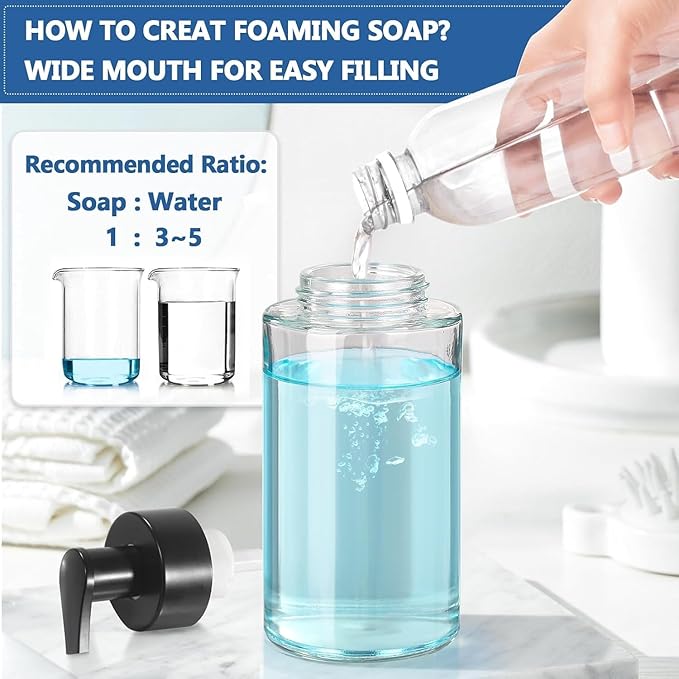 RYTOXILO Foaming Soap Dispenser, 10 oz/300ml Foaming Hand Soap Dispenser, 2 Pack Glass Foaming Soap Dispenser for Bathroom Kitchen, Clear Refillable Foam Soap Dispenser Bottle with Waterproof Labels