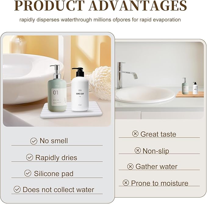3 PCS Premium Diatomite Coasters with Grooved Design - Thirsty Absorbent Stone Tray for Soaps Dish, Plants, Toiletries - Keep Bathroom & Kitchen Counter Top Dry & Tidy (8.3 x 3.9 & 3.9 x 3.9 Inches)