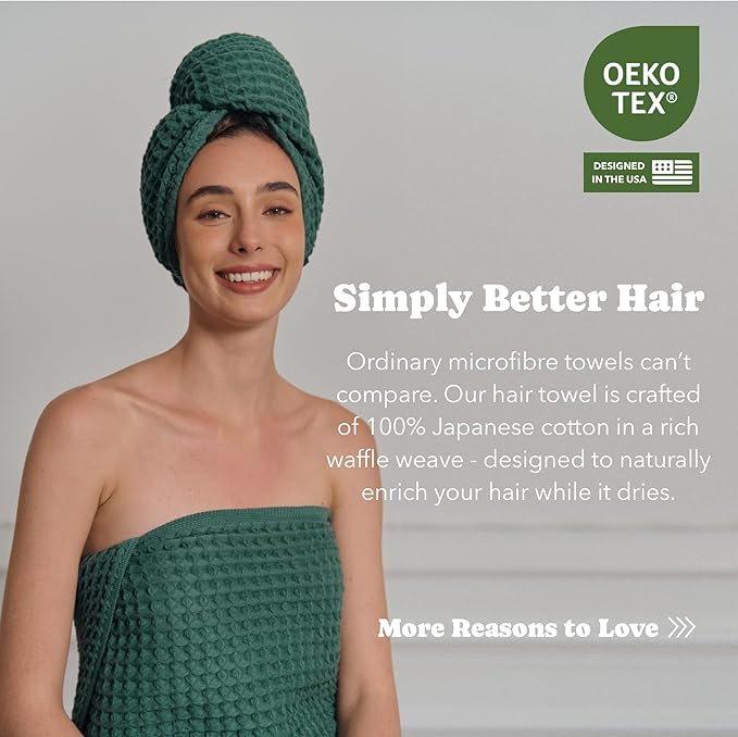 Luxury Organic Japanese Cotton Hair Drying Waffle Towel Wrap for Women | Absorbent, Quick-Dry Head Turban for Shower, Sauna, Spa | Extra Large for Long, Curly, Straight Hair With Button (Green, 1 Pc)