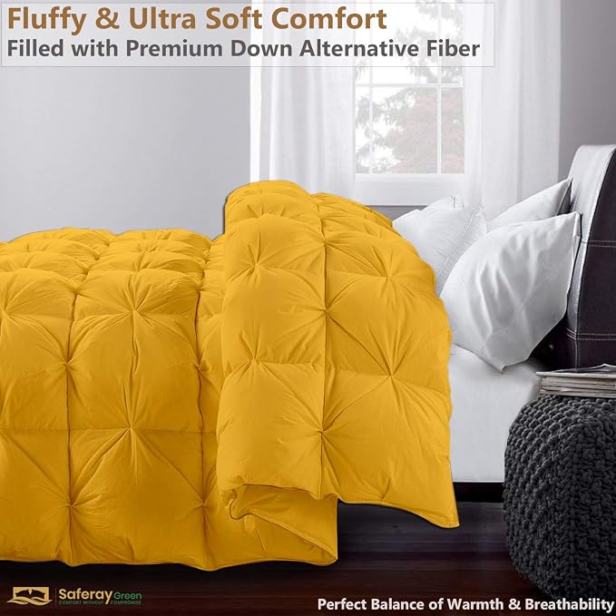 Over Queen Size Down Alternative Comforter 98x98 Inch Gold – 500 GSM Ultra Soft Breathable, Luxury Pintuck Pinch Pleat, All Season Duvet Insert with Corner Tabs, Machine Washable