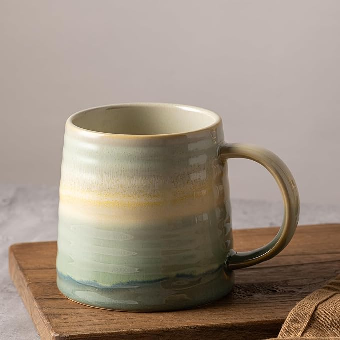 15.5 Oz Large Reactive Glaze Ceramic Mug, Heavy Weighted Stoneware Coffee Cup, Wide Base, Thick Wall Big Tea Cup with Custom Package Box, Microwave & Dishwasher Safe (Dusty Green)