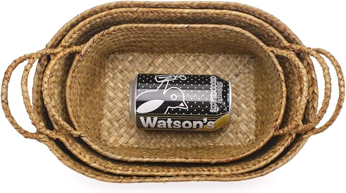 Seagrass Woven Baskets for Storage Natural Shelf Basket with Handle for Organizer Stackable Oval Set of 3 (Large+Medium+Small)