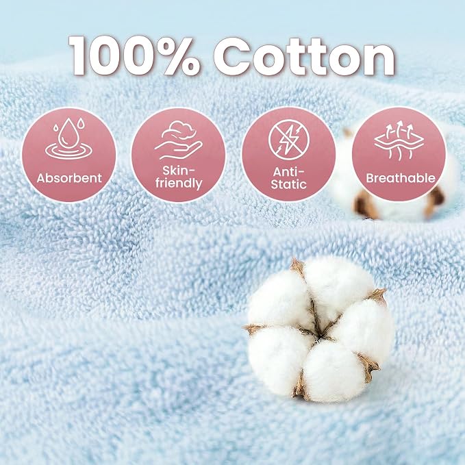 Mandydov 100% Cotton Hair Towel Wrap for Women, 2 Pack Thickened & Super Absorbent Turbans, Anti Frizz Quick Dry Hair Towels (Blue, Light Pink)
