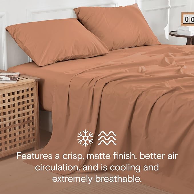 DOZ 100% GOTS Certified Organic Cotton Sheet Set, Crisp Percale Weave, Long Staple, Breathable, Matte Finish, Hotel Style, Durable, 4pc – 2 Pillowcases 1 Fitted 1 Flat (Clay, Cal King)