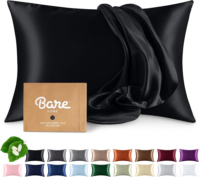 Bare Home 100% Mulberry Silk Pillowcase for Hair and Skin - Ultra Premium 6A Grade 19 Momme Silk Pillow Case - Envelope Enclosure - Breathable Cooling Pillow Cover (Standard, Black)
