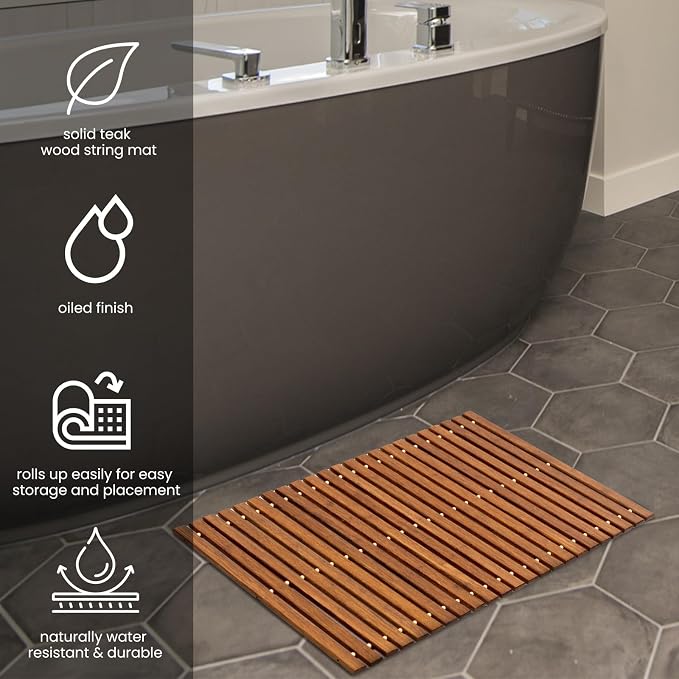 Strand Woven Bamboo Bath Mat Bathroom Rugs Floor Wood Shower Bathtub Waterproof Non Slip Accessories 16x24 Inch Easy to Clean, Suitable for Outdoor, Light Brown Color, 1 pc
