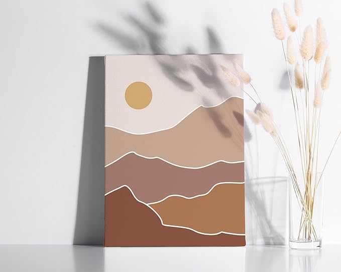 Abstract Mountain Landscape Wrapped Canvas Wall Art Sun Rolling Hills Earth Tones Terracotta 12x16 Inch Gallery Stretched Mid Century Modern Nature Home Art