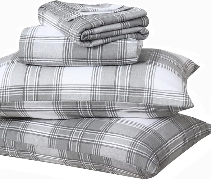 Briarwood Home® Printed Flannel Sheet Set, 100% Natural Cotton, Soft, Warm & Deep Pocket, Advanced Nano-Tech Making it Resistance to Pilling; Brushed 6 Times for Softness (Grey Plaid, King)