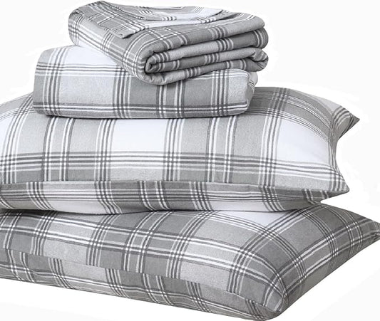 Briarwood Home® Printed Flannel Sheet Set, 100% Natural Cotton, Soft, Warm & Deep Pocket, Advanced Nano-Tech Making it Resistance to Pilling; Brushed 6 Times for Softness (Grey Plaid, Queen)