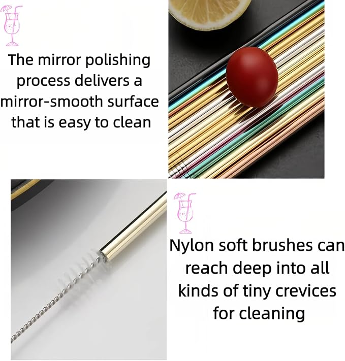 Heavy Duty 304 Stainless Steel Reusable Straw Set, 8 Pack Multi-Color Smoothie Straws with Travel Pouch & Cleaner, Dishwasher Safe Eco- (Silver-black bag,8pc)