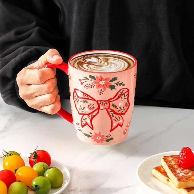 HASENSE Coffee Mugs Set of 4,16oz Ceramic Cups with Handle for Kitchen,Pink Bow Valentine's Day Latte Mugs for Hot Cocoa,Tea,Milk & Latte,Large Festive Stylish Mug Gift,Microwave and Dishwasher Safe