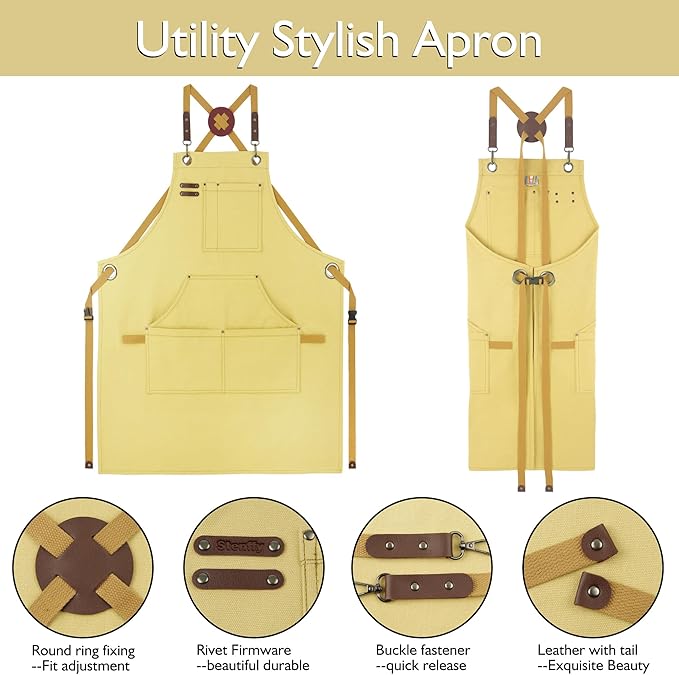 Stenffy Kitchen Apron, Work Apron, Canvas, Multiple Pockets, Gardening, Painting, BBQ, Artist, Carpenter, Sizes M to XXL, Amber