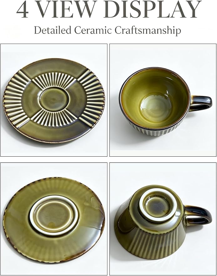 Ceramic Coffee Cup and Saucer Set, 6.7 oz Espresso Cup Set with Plate, Olive Gold Ceramic Tea Cup for Latte, Cappuccino, Coffee Bar and Kitchen Décor