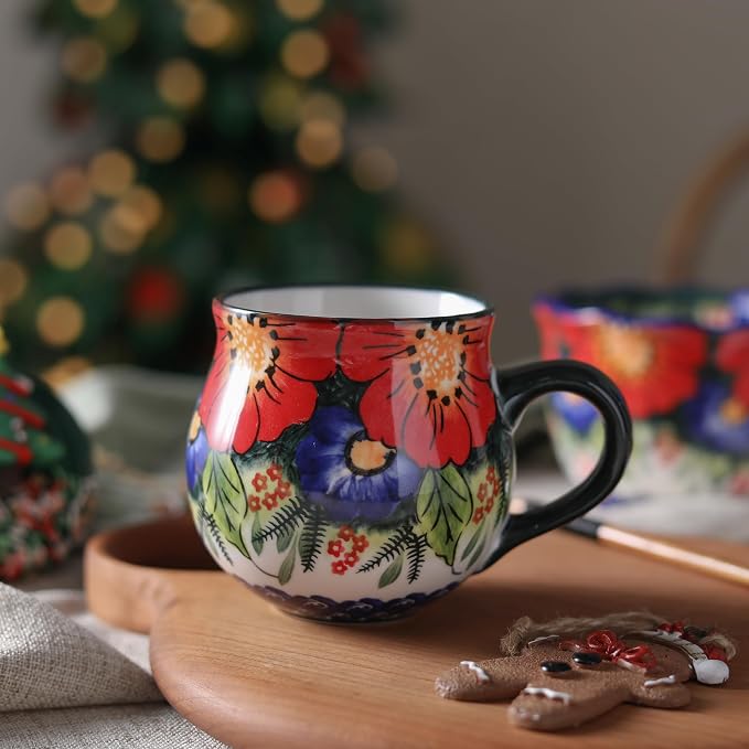 ALMA 12oz Handmade Floral Ceramic Coffee Cup | Microwave & Dishwasher Safe, For Home Office Cabinet Travel, Workspace Remote Workers & Girls